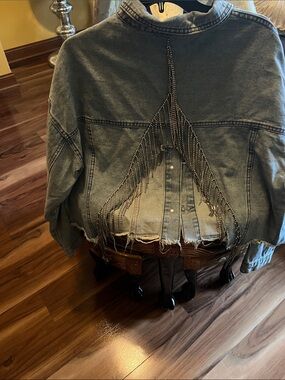 Distressed Blue Denim Jacket with Back Fringe